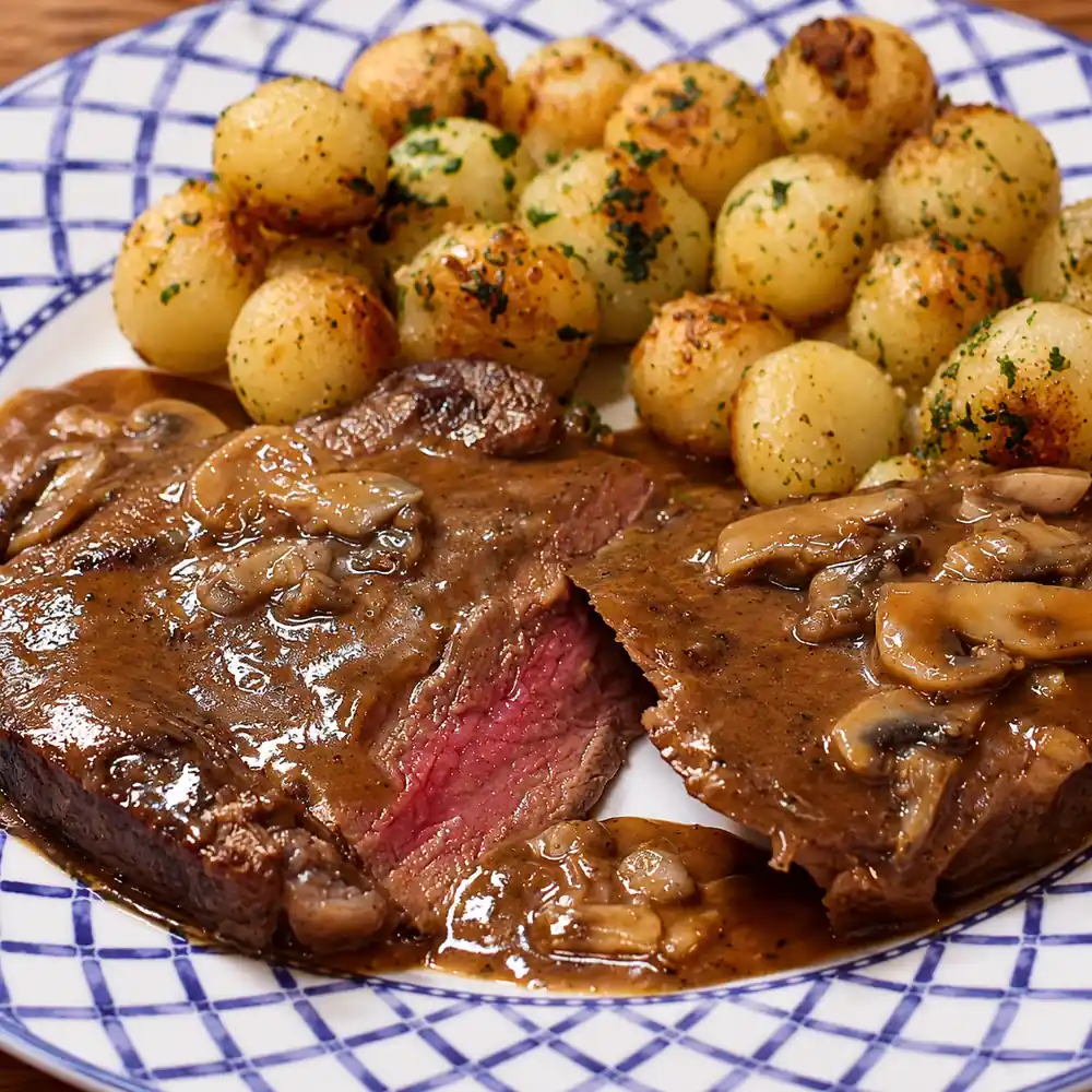 steak sauce cognac champignons pommes parisiennes, plat fini
