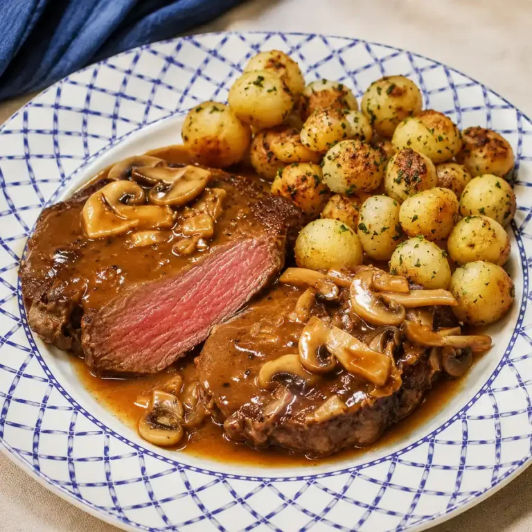 Steak poêlé sauce cognac aux champignons et pommes parisiennes