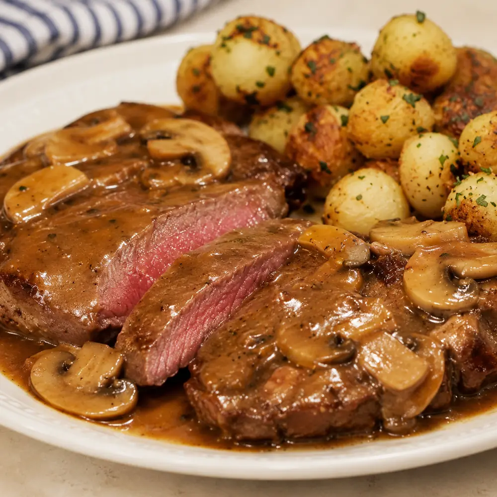 steak sauce cognac champignons pommes parisiennes, plat fini