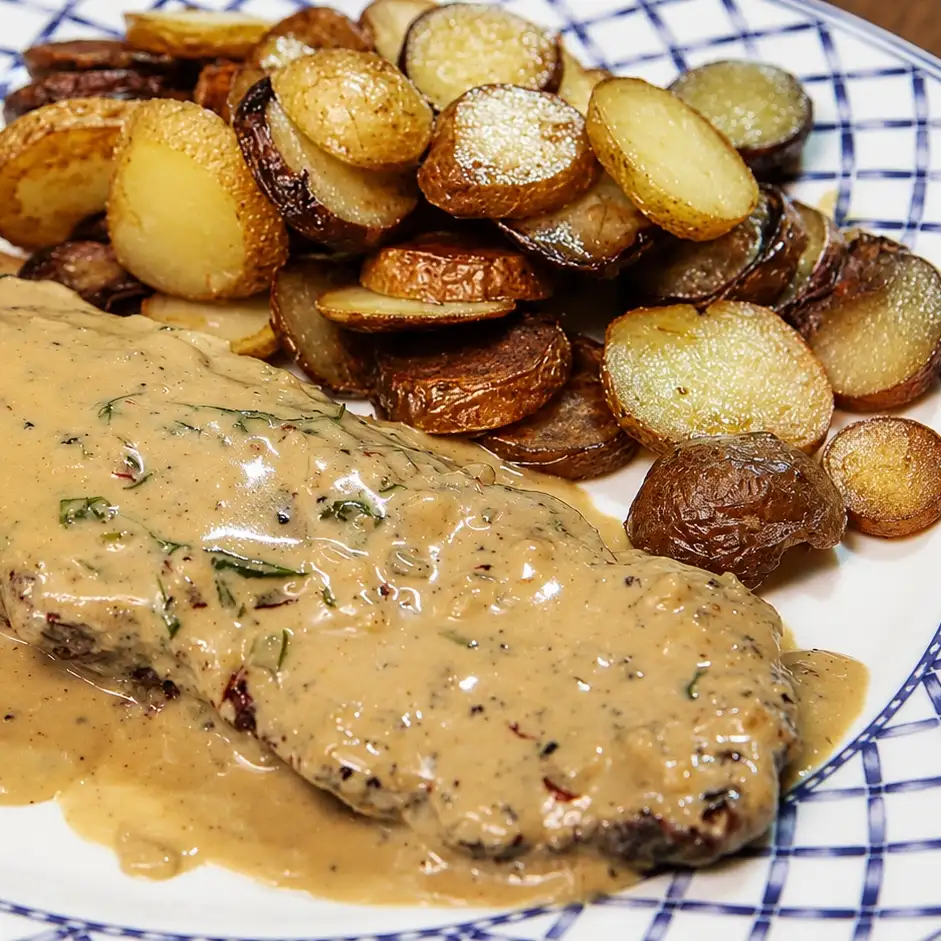 Steak sauce crémeuse à l’estragon avec pommes de terre croustillantes