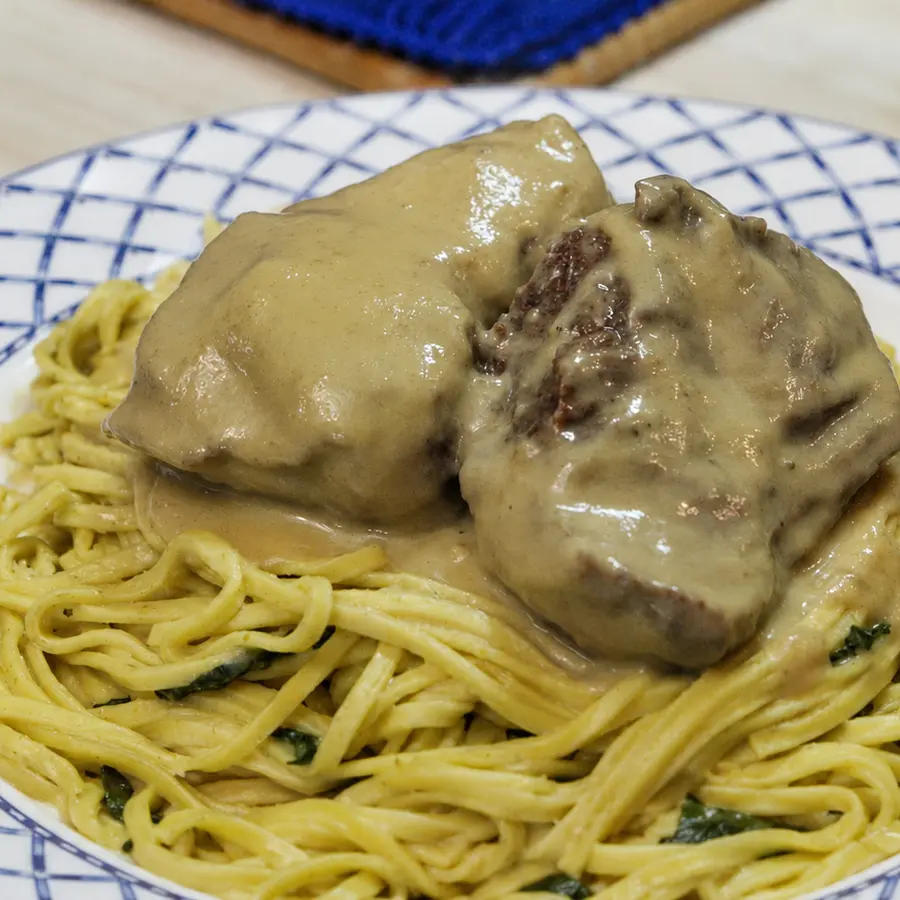 tender beef cheeks creamy dijon mustard sauce, finished dish