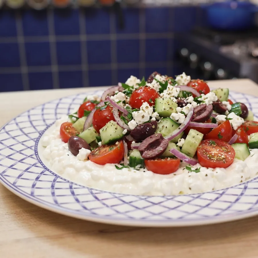 bol salade grecque cottage cheese, plat fini