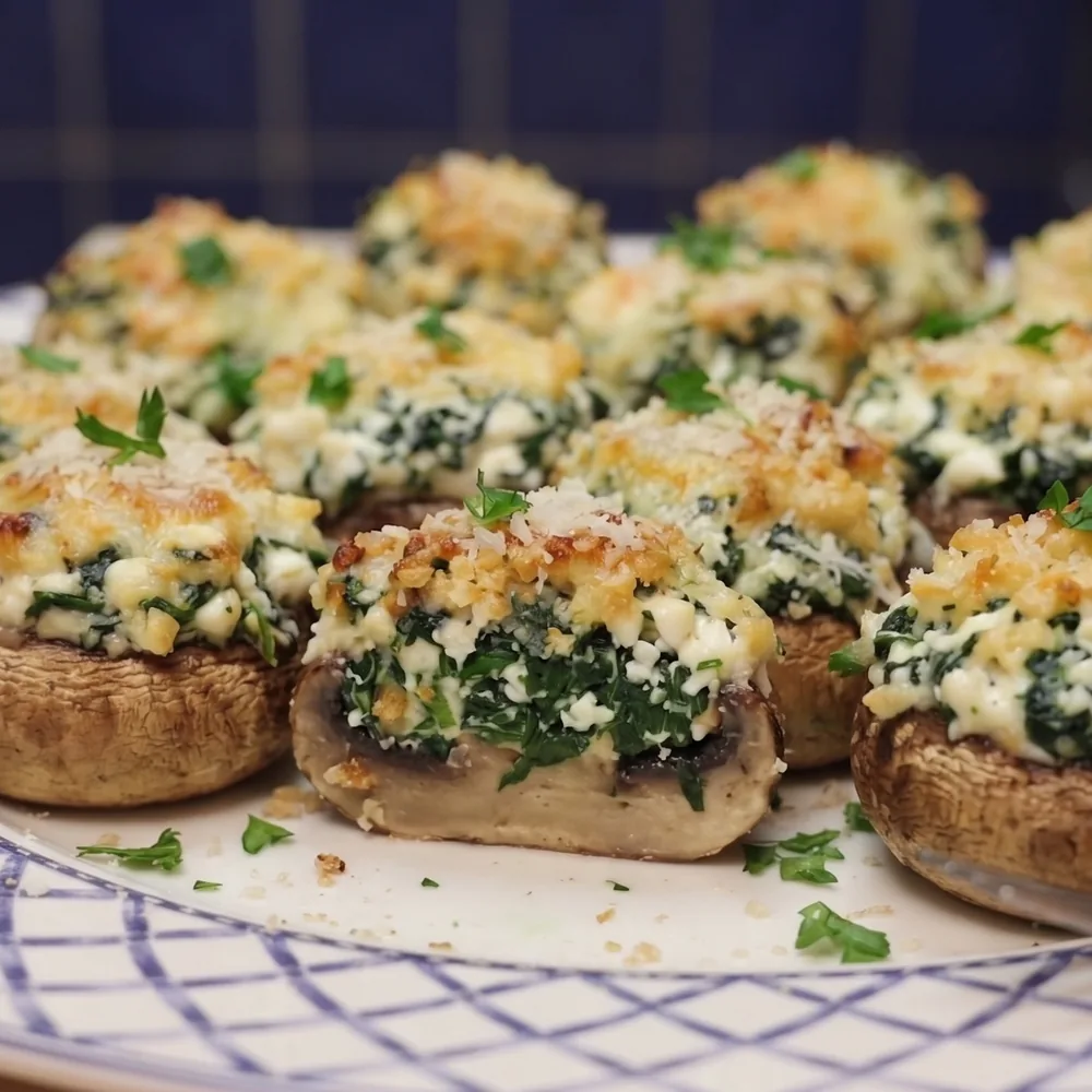 champignons farcis fromage cottage epinards, plat fini