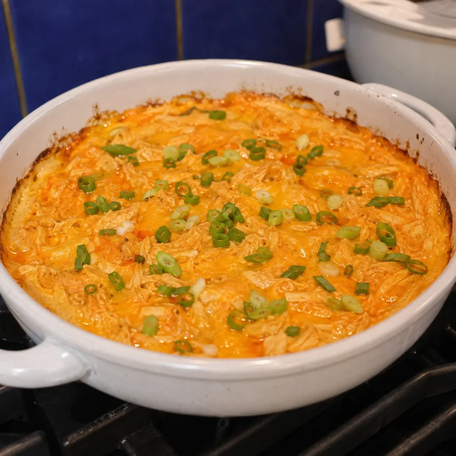cottage cheese buffalo chicken dip, finished dish