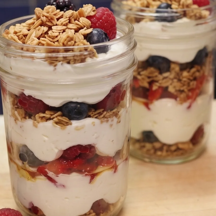 parfait fromage cottage fruits granola, plat fini