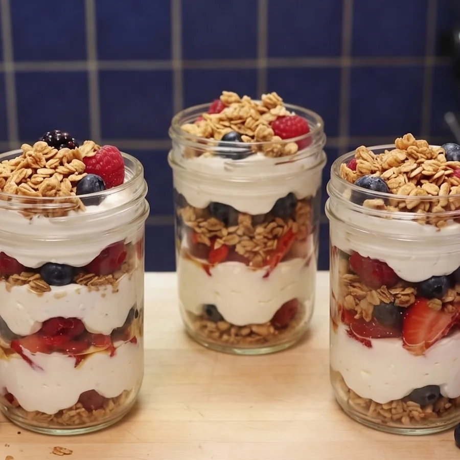parfait fromage cottage fruits granola, plat fini