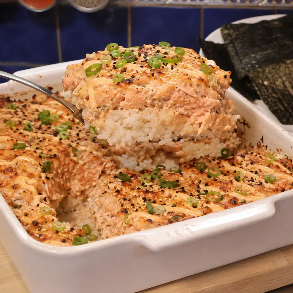 salmon sushi bake, finished dish