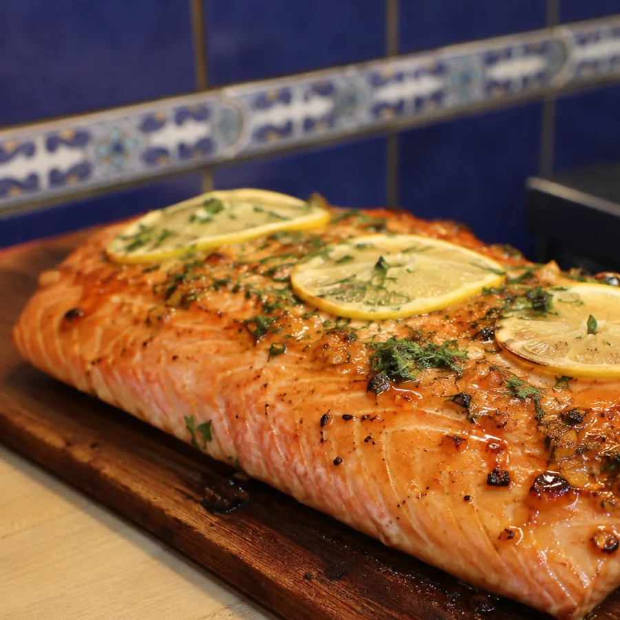 saumon grille planche cedre erable dijon, plat fini