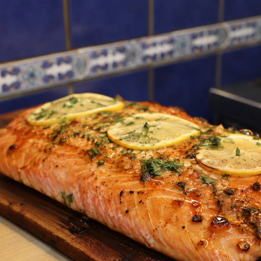 saumon grille planche cedre erable dijon, plat fini