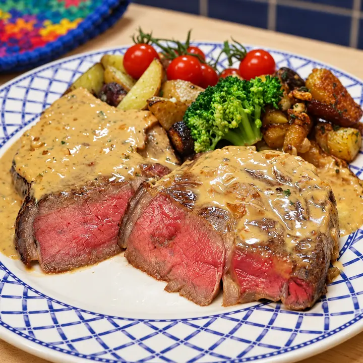 Pan-Seared Steak with Creamy Vodka Sauce and Roasted Vegetables