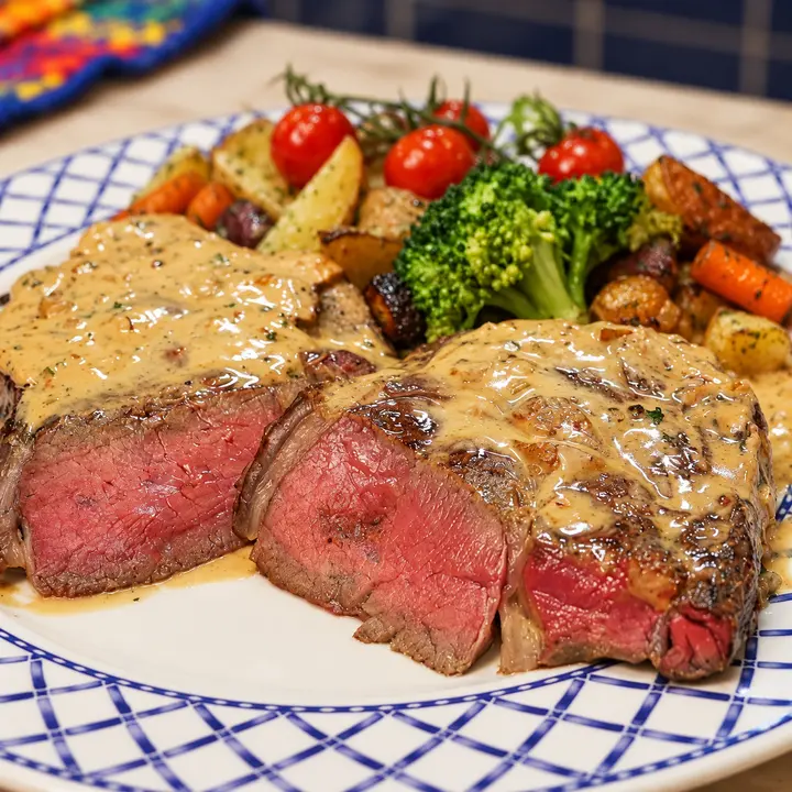 pan seared steak creamy vodka sauce, finished dish