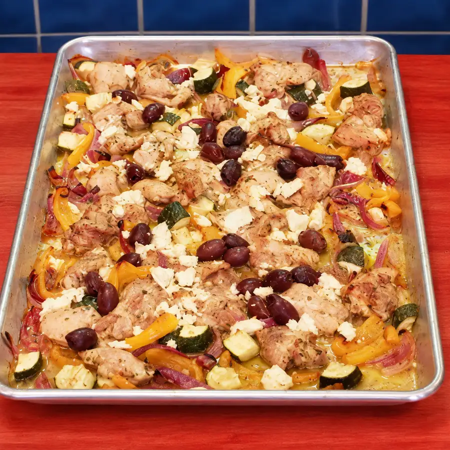 sheet pan greek chicken feta olives, plat fini