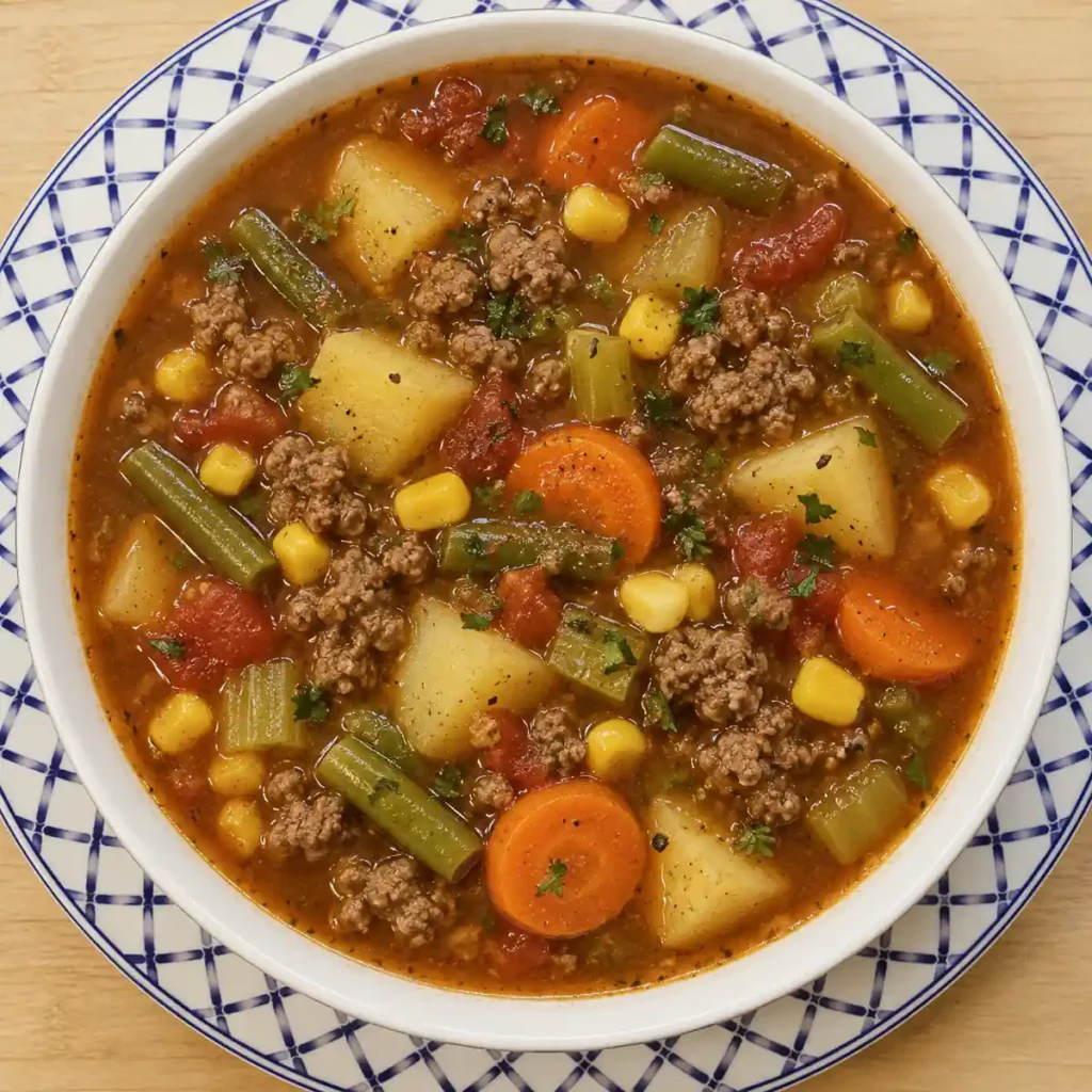 Soupe au b&oelig;uf hach&eacute; et aux l&eacute;gumes avec pommes de terre