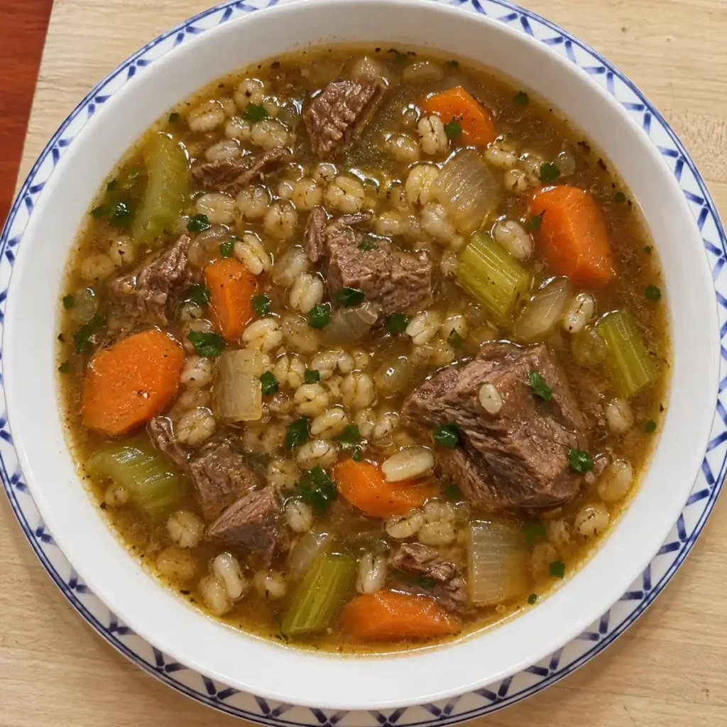 Soupe &agrave; l&rsquo;orge et au b&oelig;uf, viande tendre et bouillon maison
