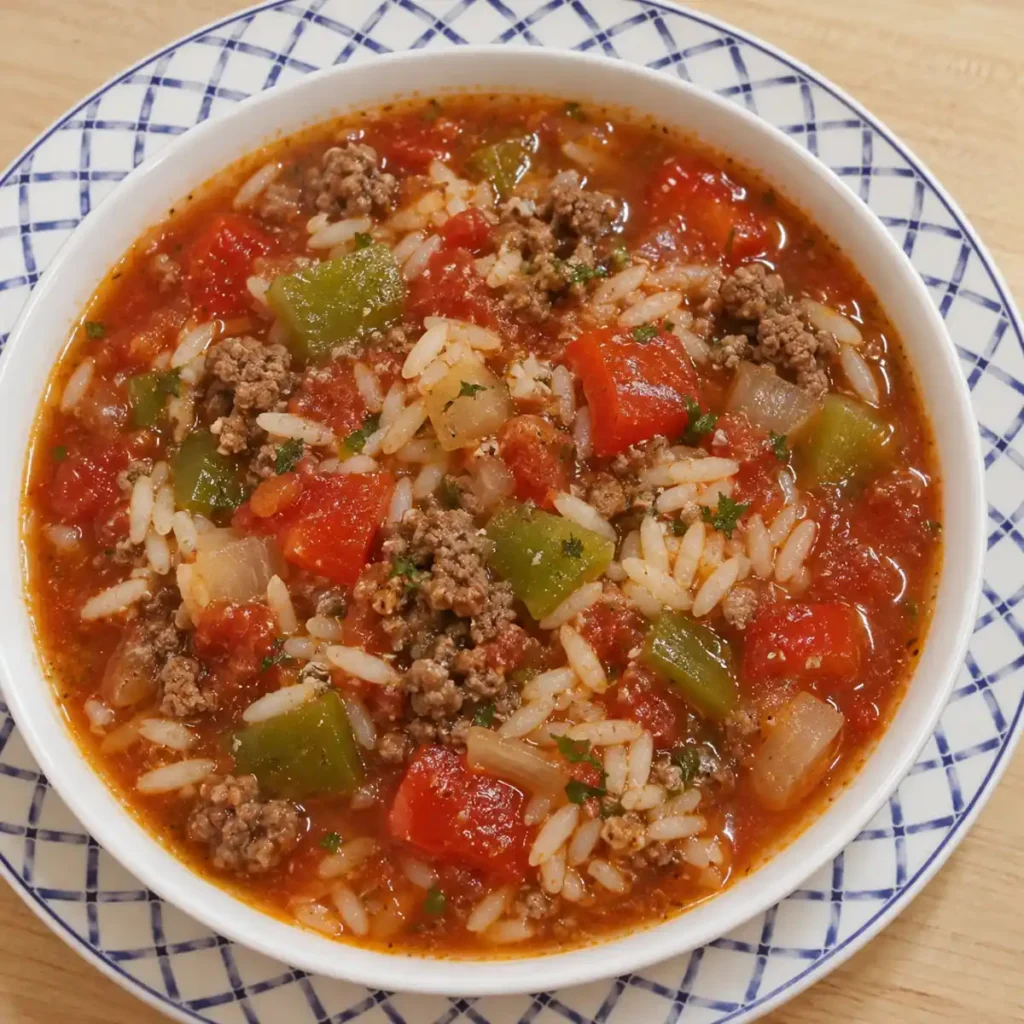 Soupe aux poivrons farcis, b&oelig;uf hach&eacute; et riz