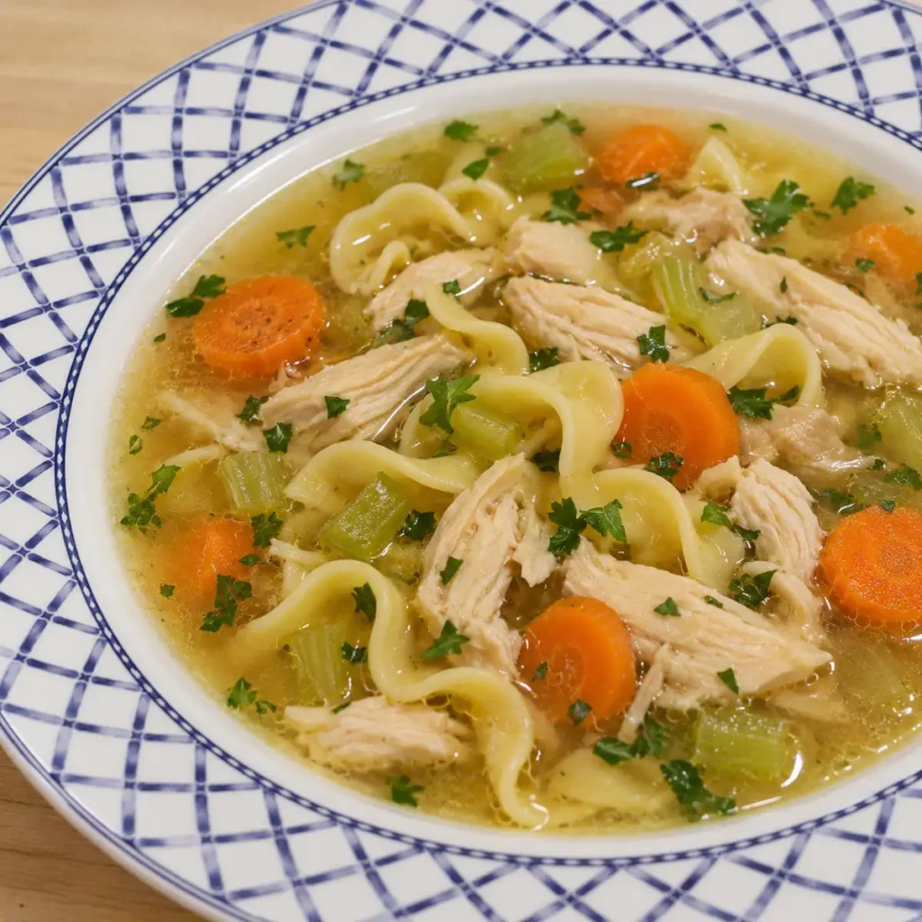 Soupe poulet et nouilles avec un poulet de r&ocirc;tisserie