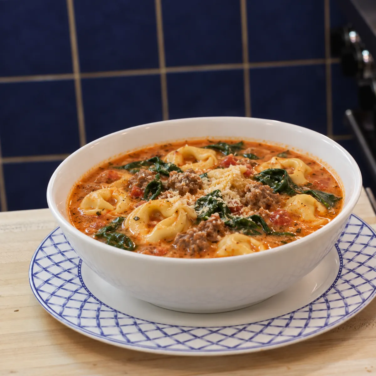soupe tortellinis saucisse epinards, plat fini