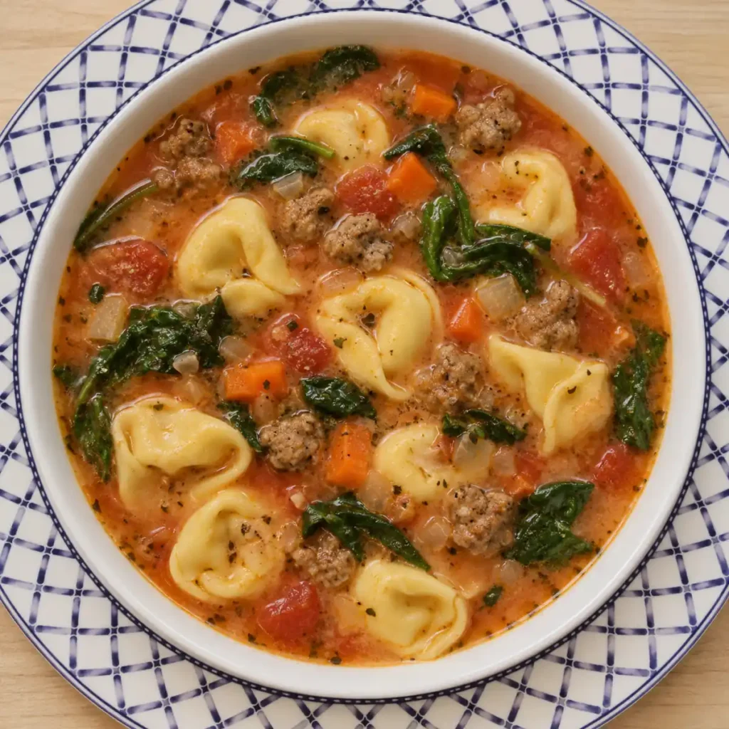 Soupe aux tortellinis, saucisse italienne et &eacute;pinards