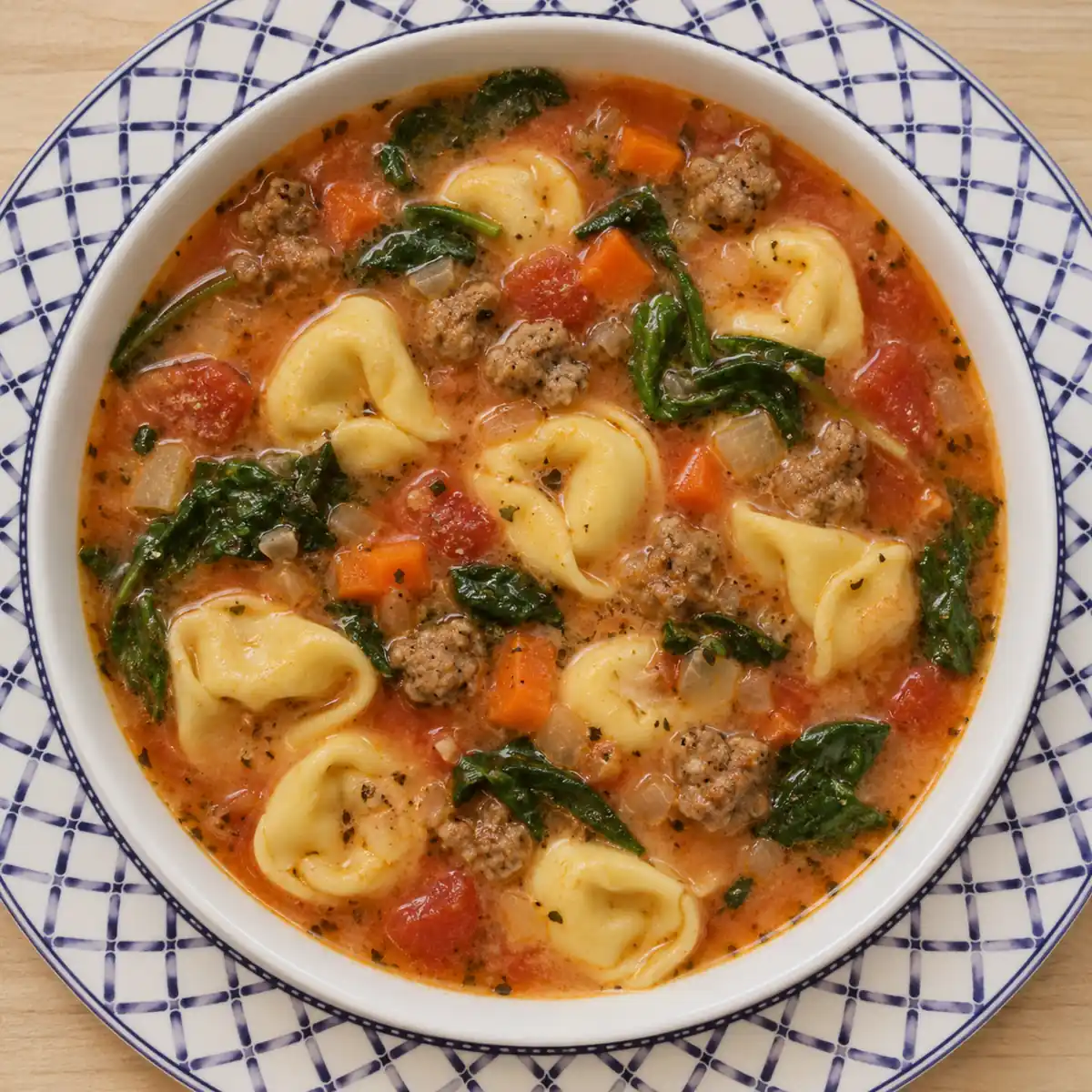 Soupe aux tortellinis, saucisse italienne et épinards