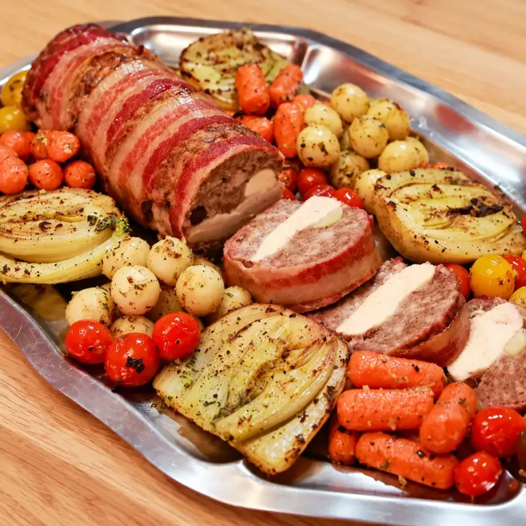 Bacon-Wrapped Three-Meat Meatloaf with Chicken and Maple Bourbon Sauce