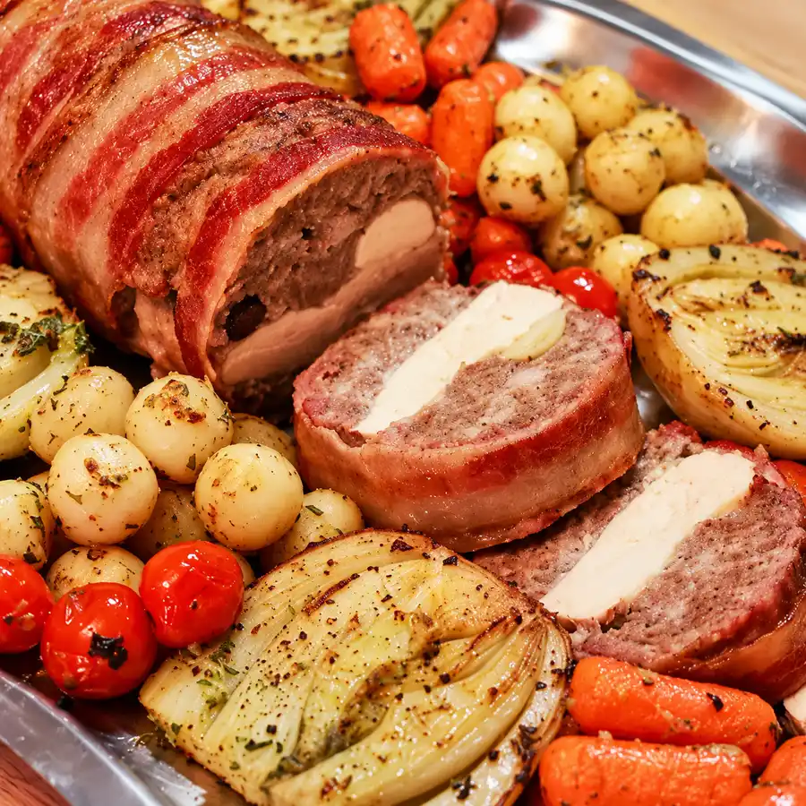 bacon wrapped three meat meatloaf, finished dish