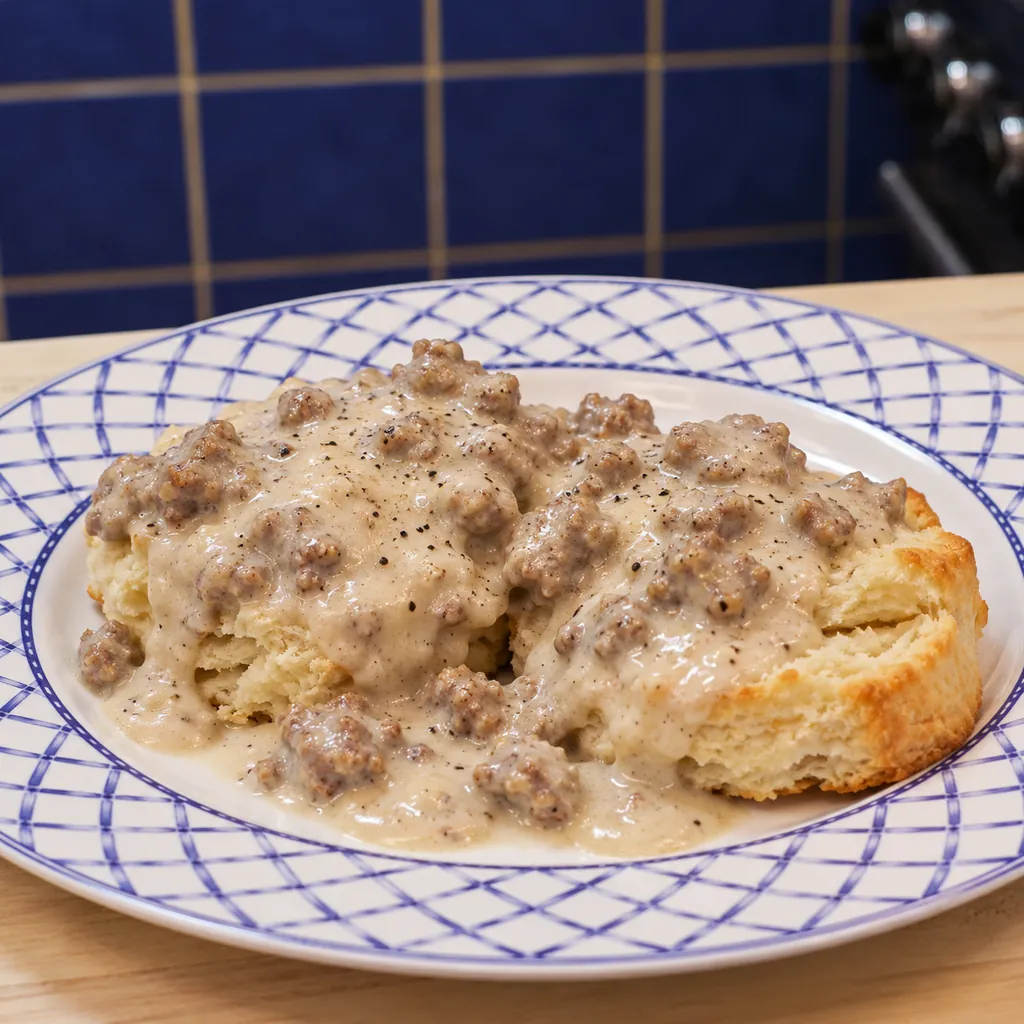 biscuits babeurre sauce saucisse, plat fini