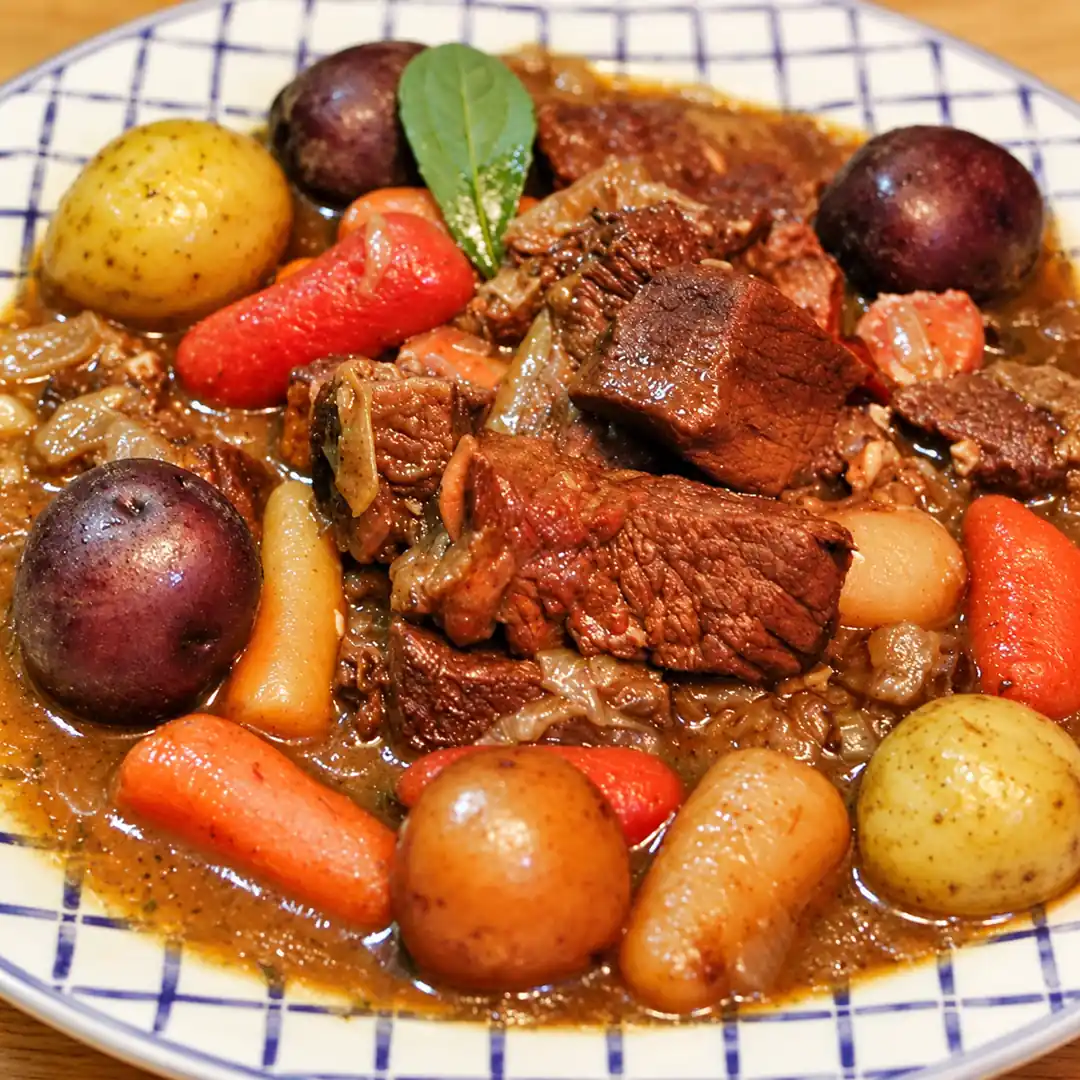 carbonade boeuf biere petits oignons carottes, plat fini