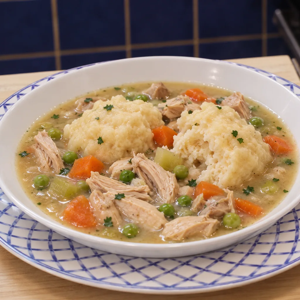 chicken and drop dumplings, finished dish