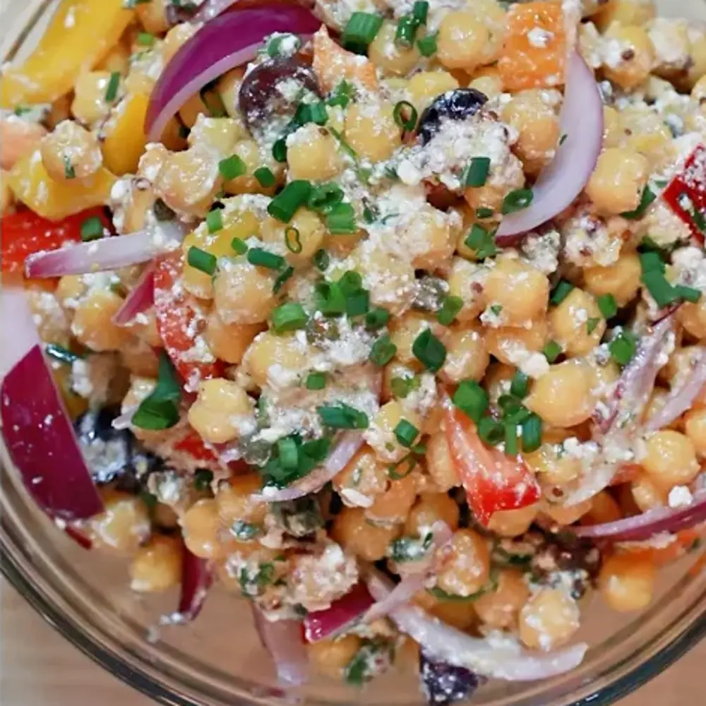 chickpea onion feta salad, finished dish
