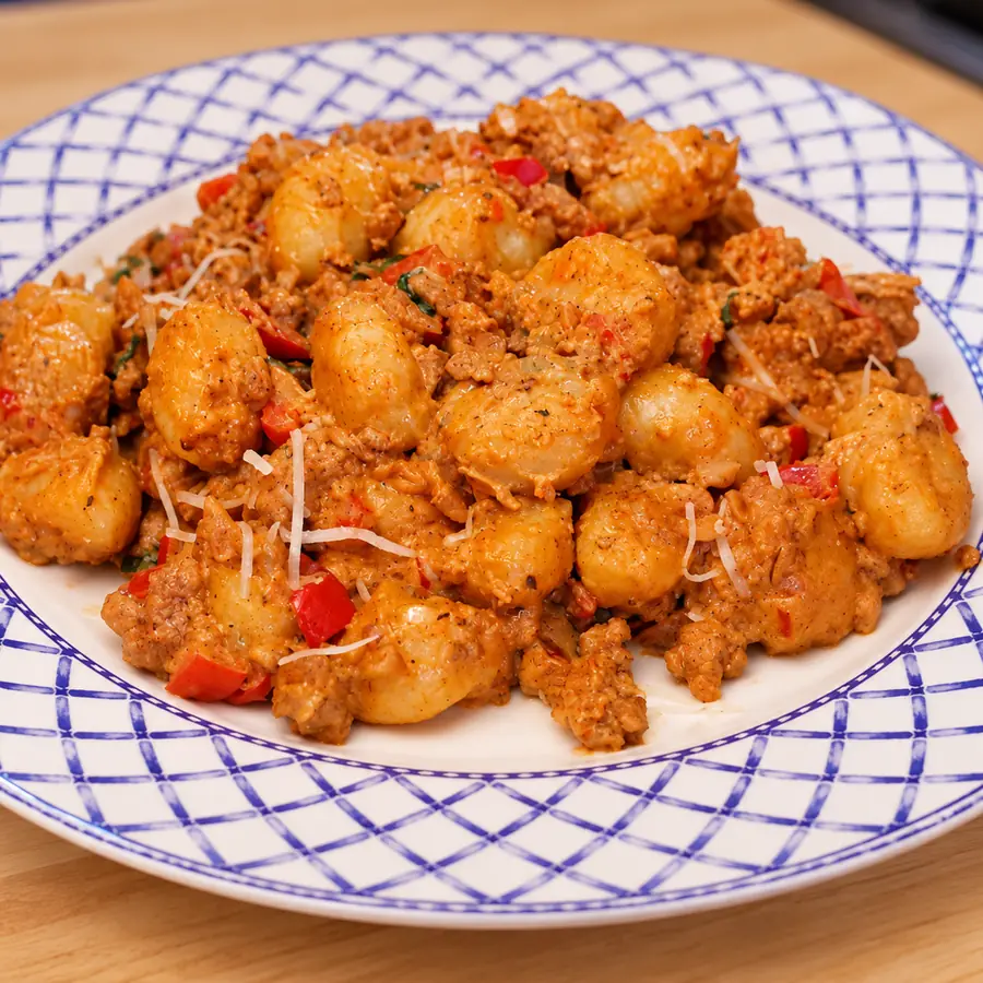 creamy chorizo gnocchi, finished dish