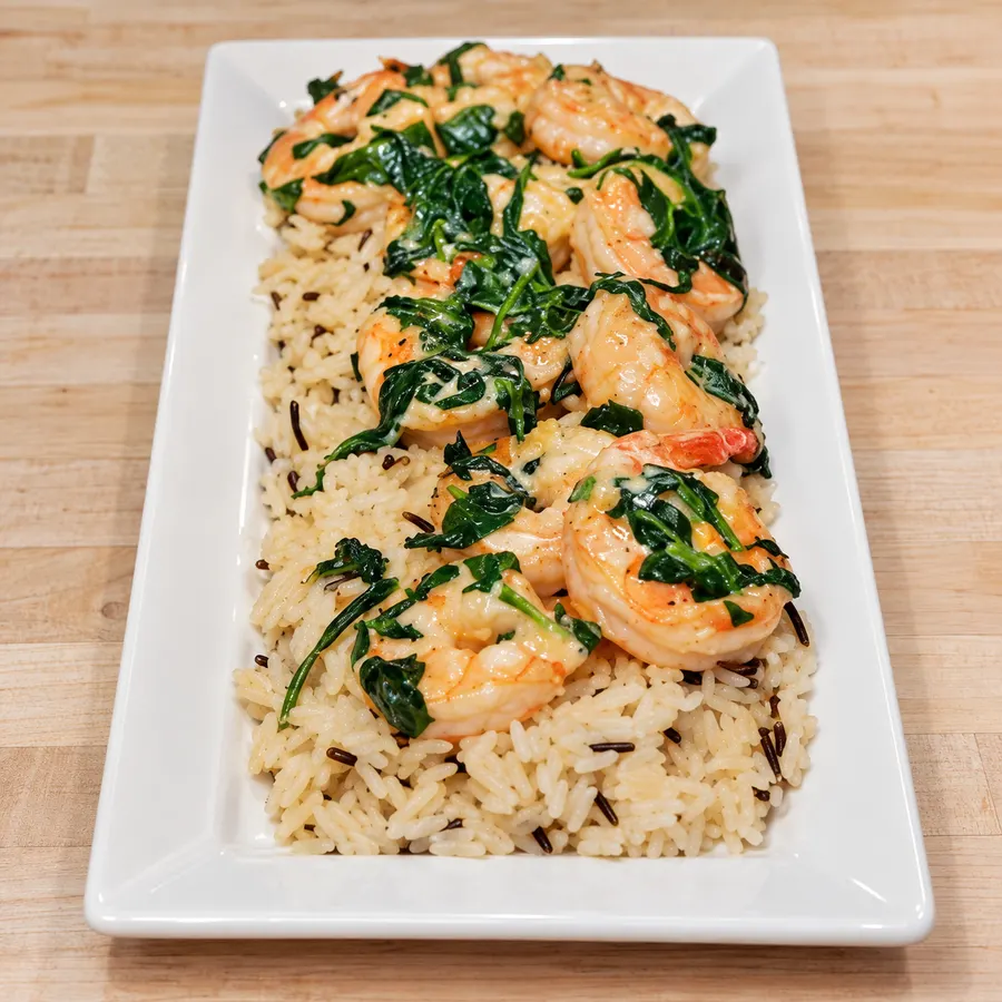 creamy ouzo shrimp spinach, finished dish