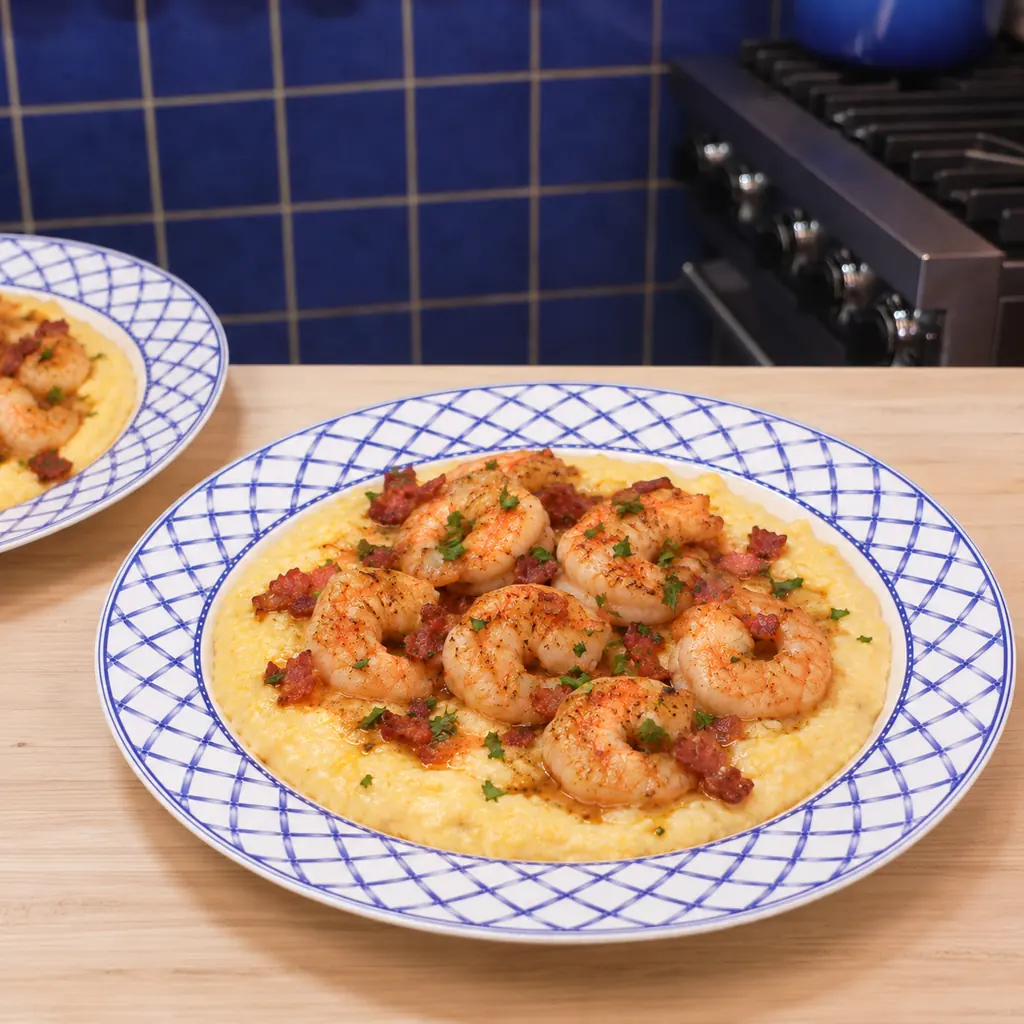 crevettes grits cheddar bacon, plat fini
