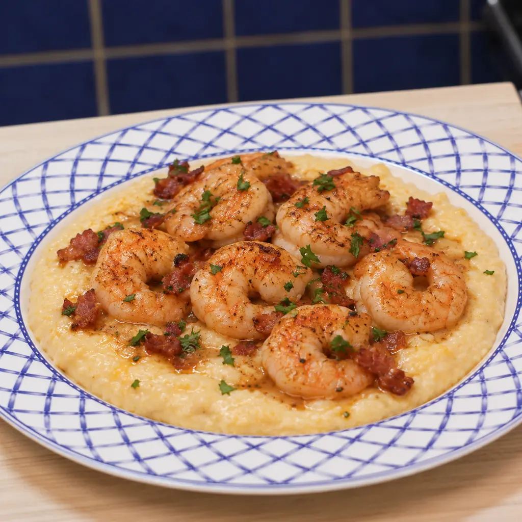 crevettes grits cheddar bacon, plat fini
