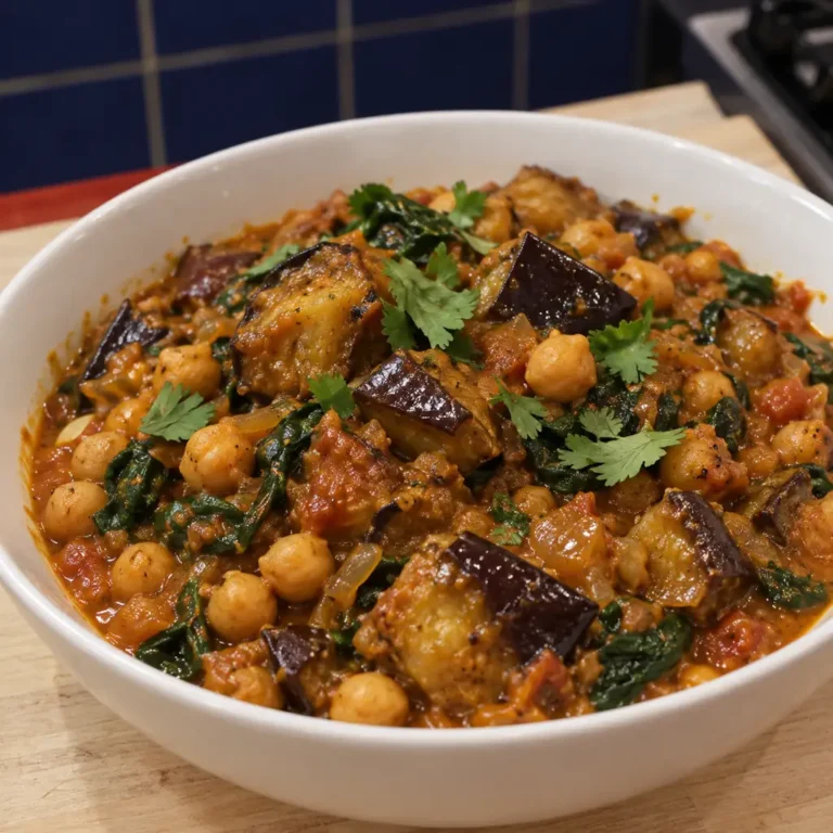 Curry d’aubergines rôties et pois chiches