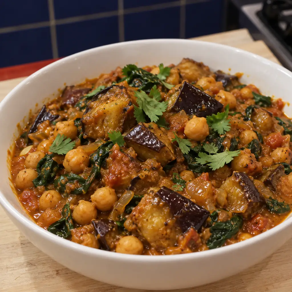 curry aubergines roties pois chiches, plat fini