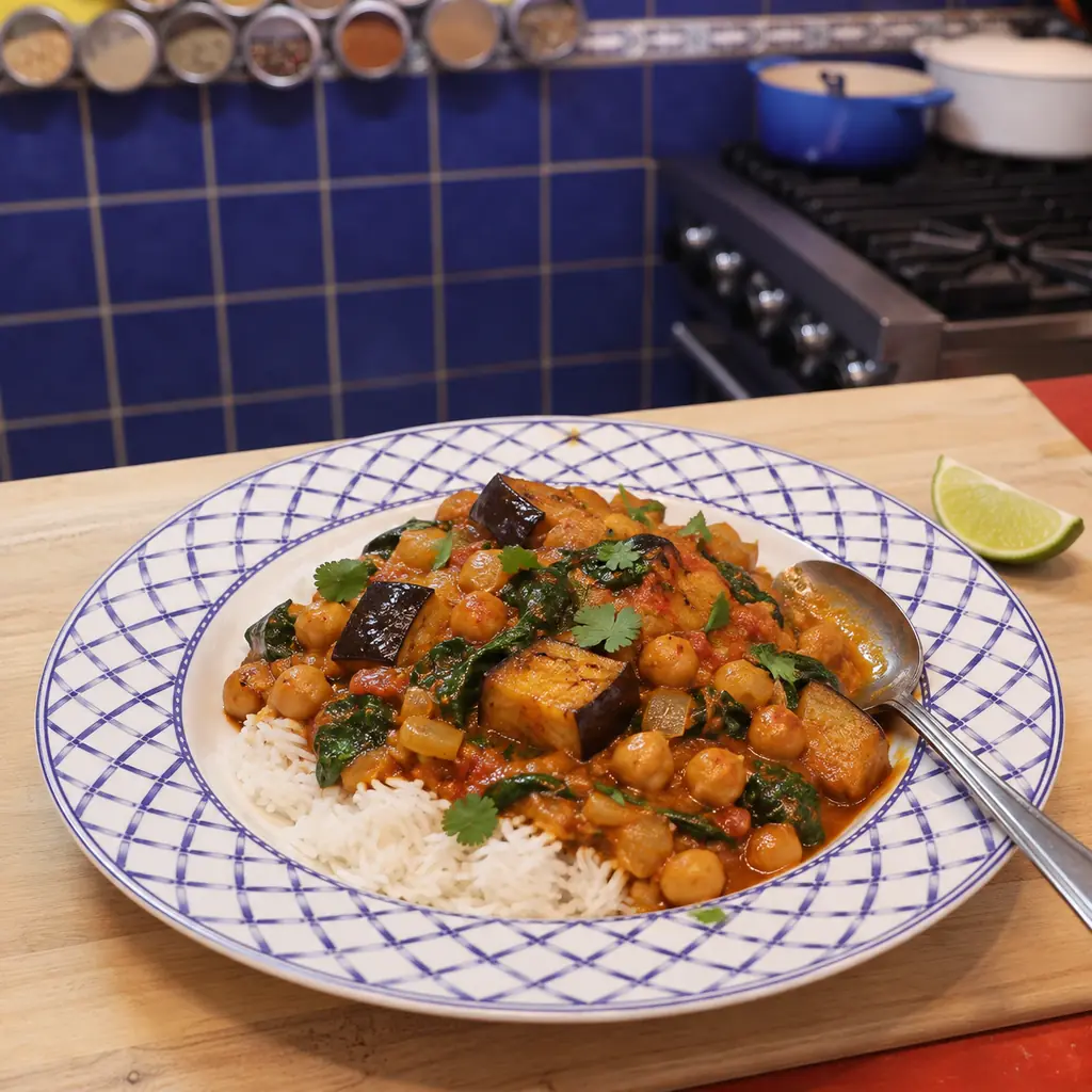 curry aubergines roties pois chiches, plat fini