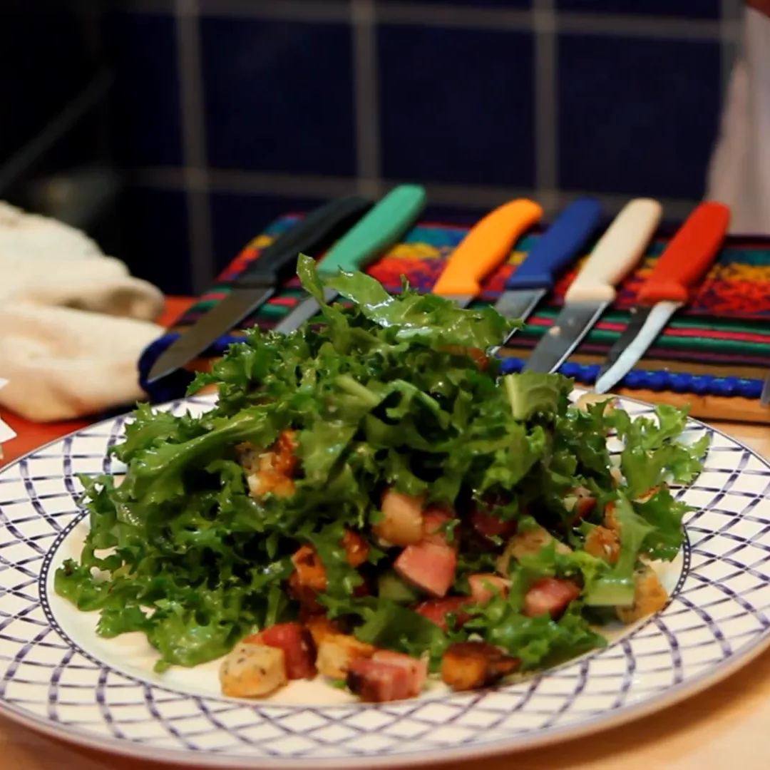 frisee salad bacon garlic croutons, finished dish