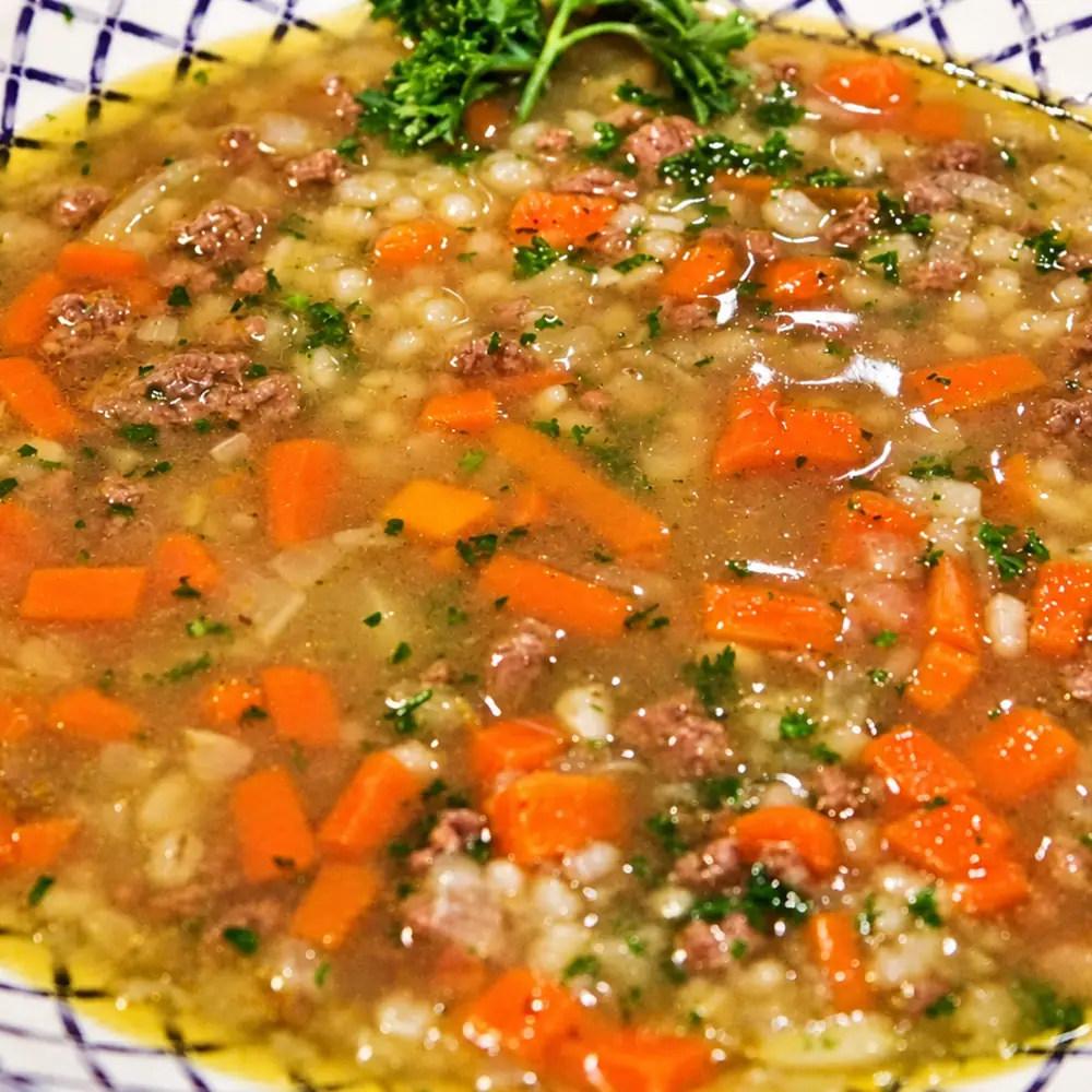 ground beef barley fennel soup, finished dish