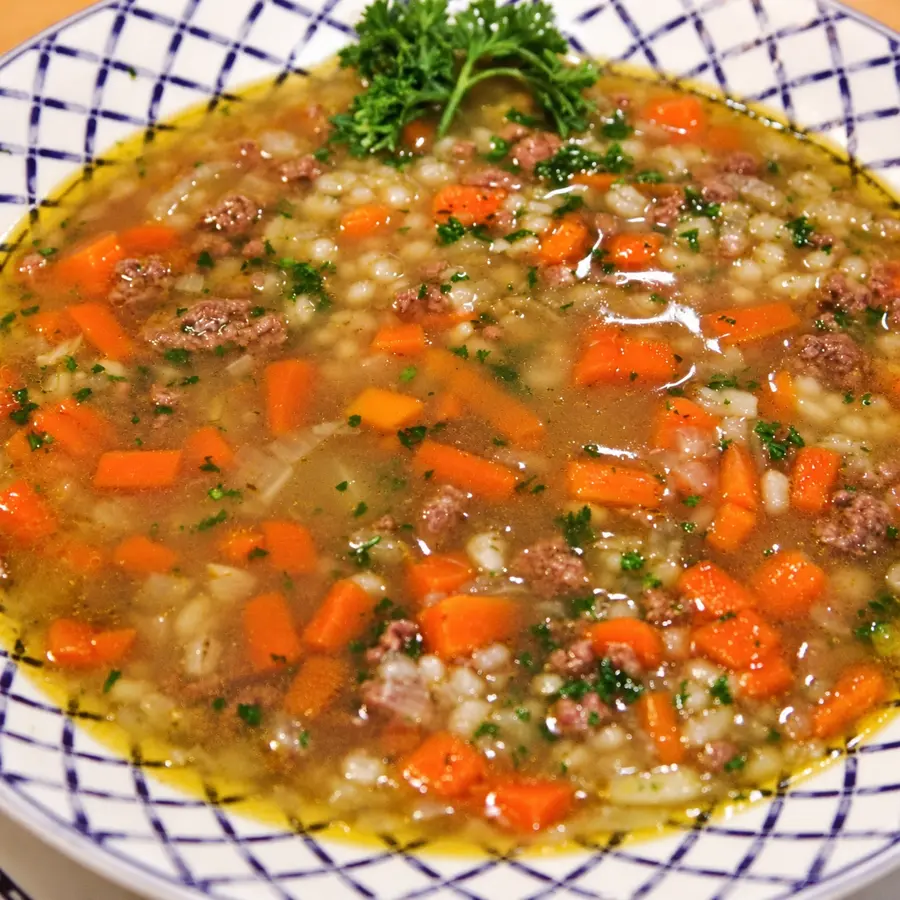 ground beef barley fennel soup, finished dish