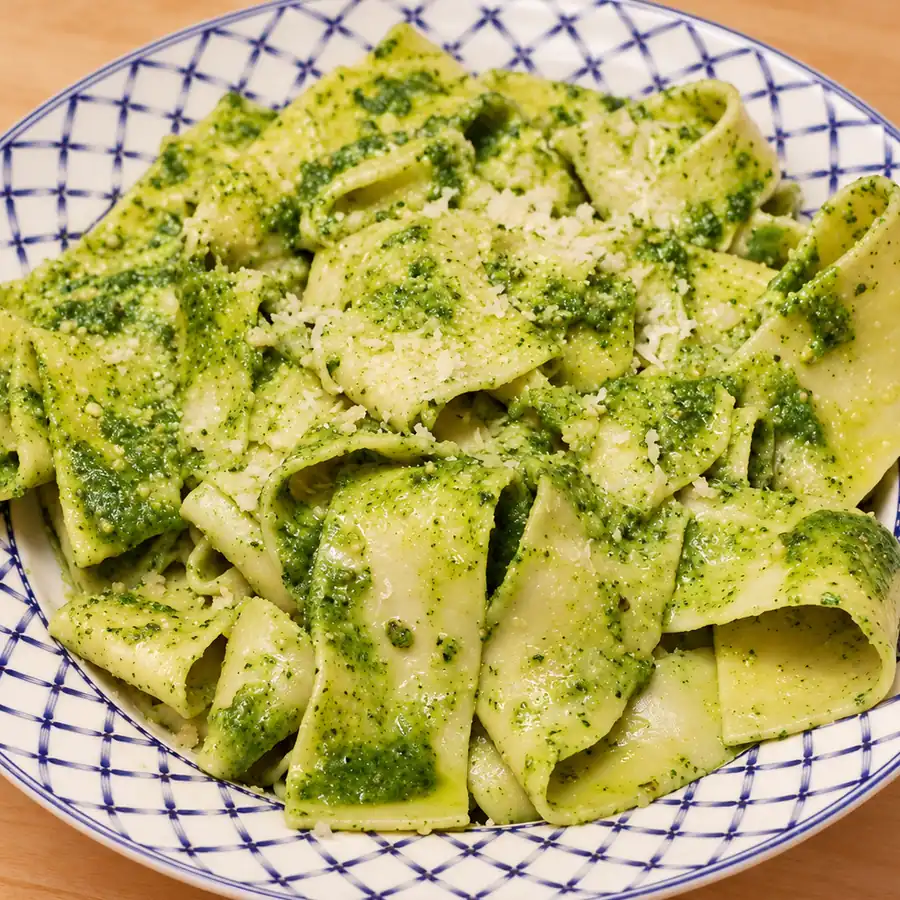 homemade pesto pasta easy recipe, finished dish
