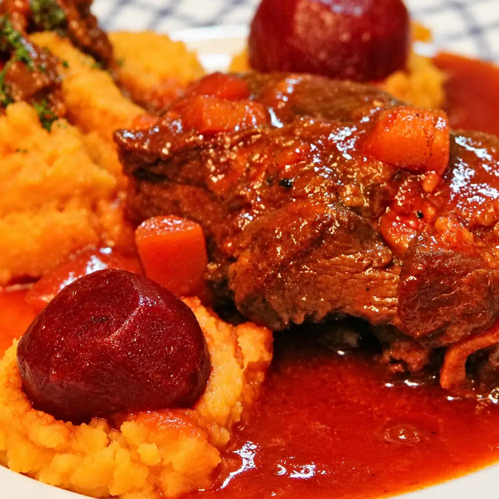 jarrets agneau betteraves puree patates douces, plat fini