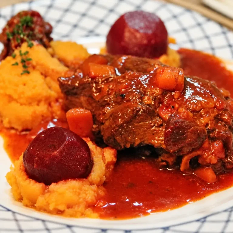 Braised Lamb Shanks with Beets and Sweet Potato Mash