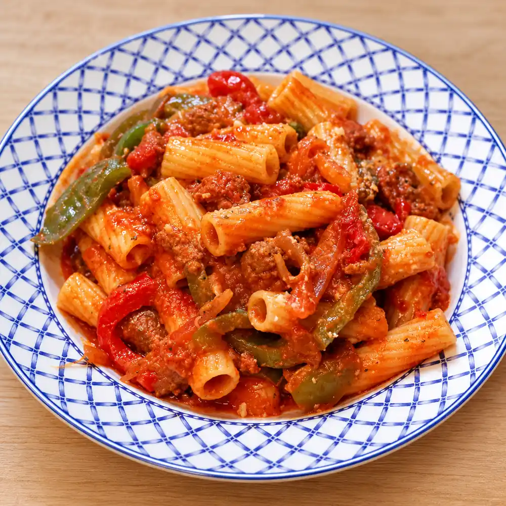 merguez rigatoni peppers basil, finished dish