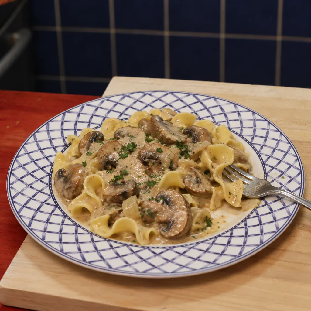 mushroom stroganoff, finished dish