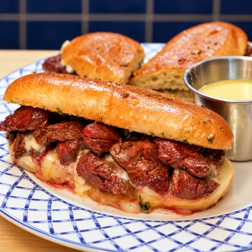 Philly cheesesteak avec onglet et sauce aux trois fromages