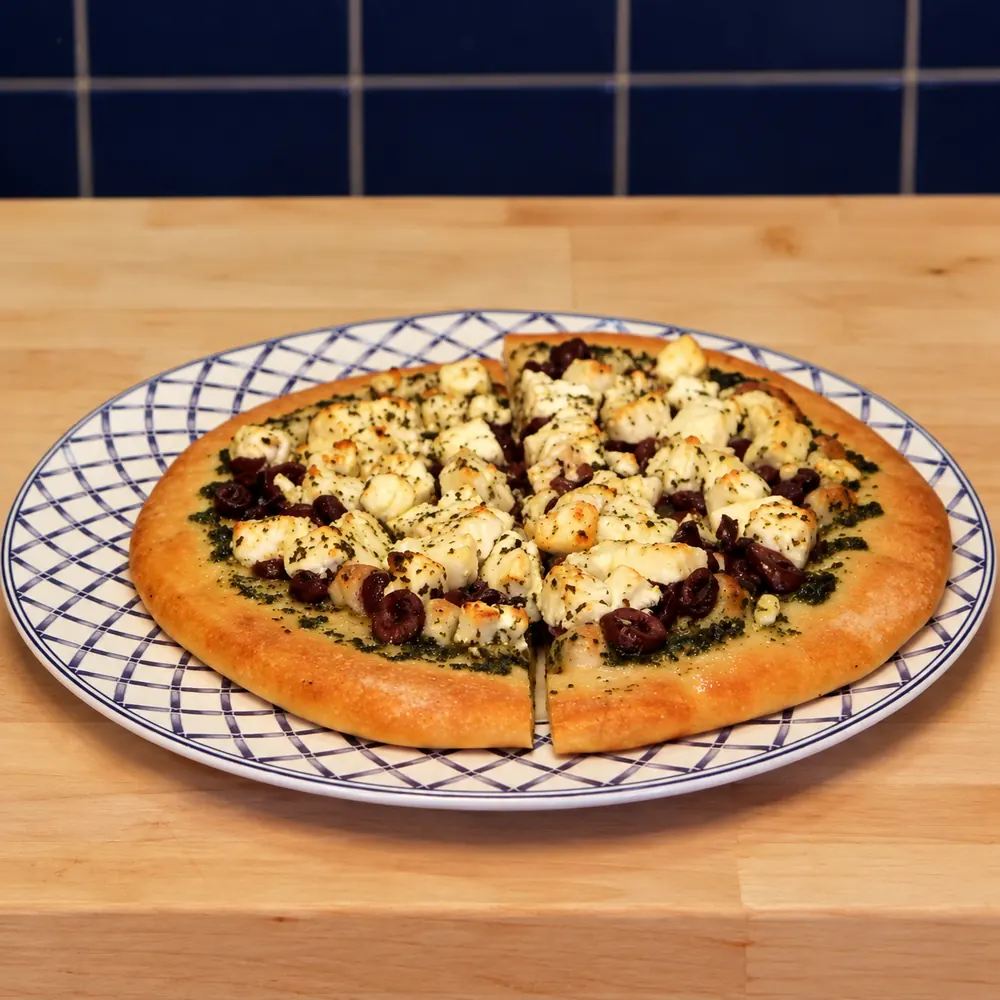 Pizza végétarienne à la feta, olives Kalamata et sauce à l’origan