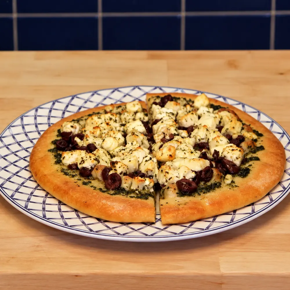 pizza vegetarienne a la feta olives kalamata et sauce a lorigan, plat fini
