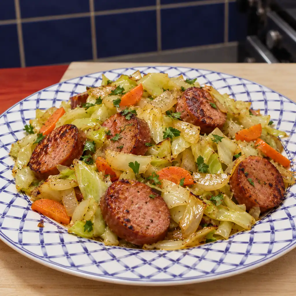 poelee chou saucisse fumee moutarde, plat fini