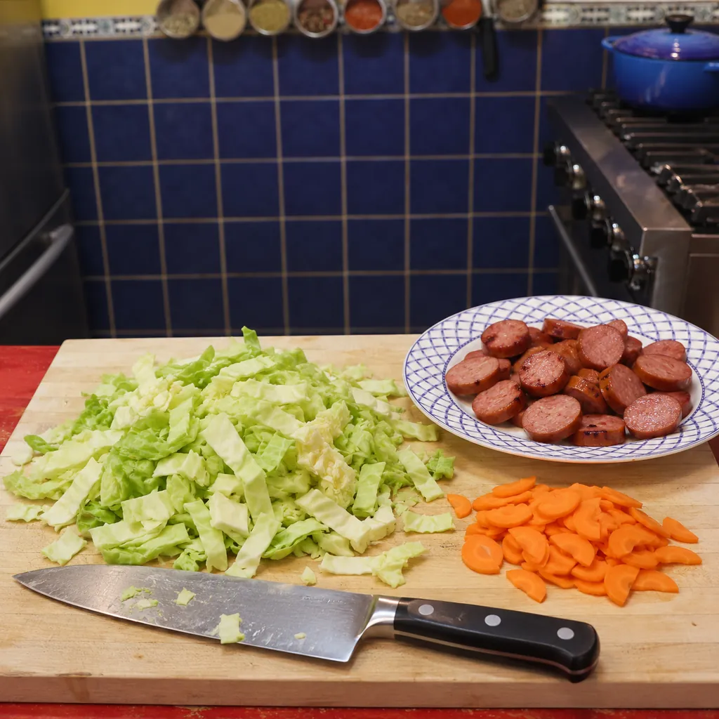 poelee chou saucisse fumee moutarde, &eacute;tape 1
