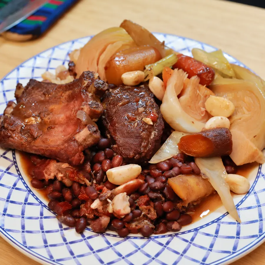 pork cheeks ribs black beans, finished dish